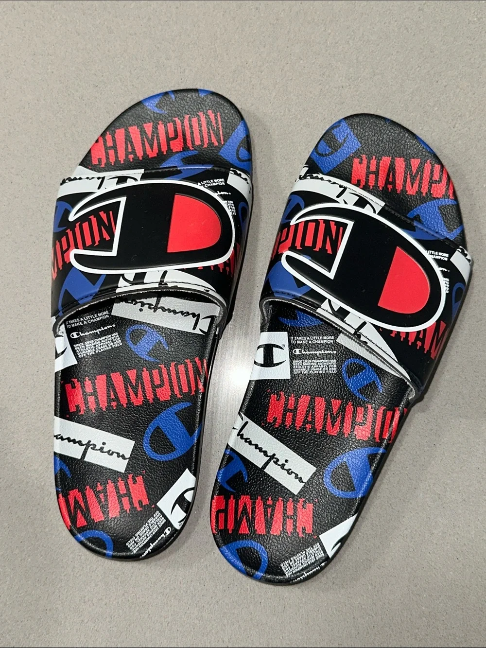 Champion Black Slides with Red & Blue Logo Graphics - Kids